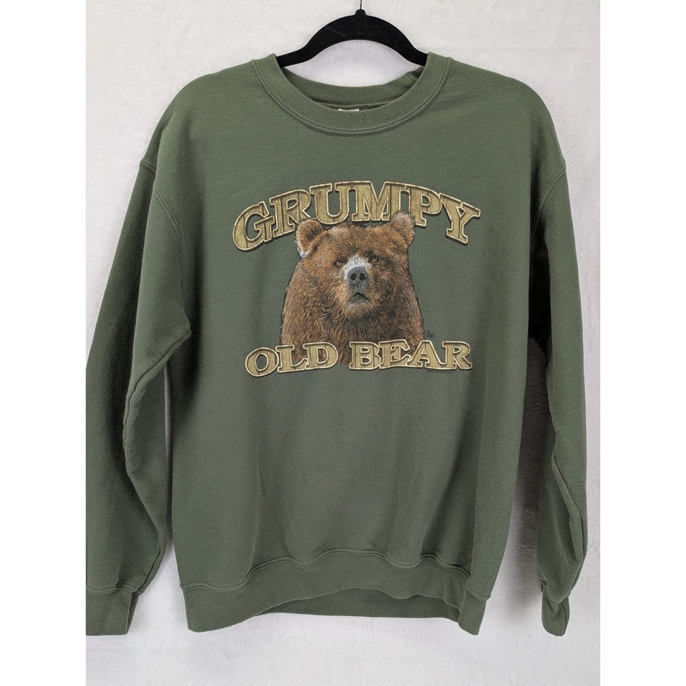 Grumpy Old Bear Sweatshirt Men Medium Green Eclectic Grandpa Cabin Wildlife